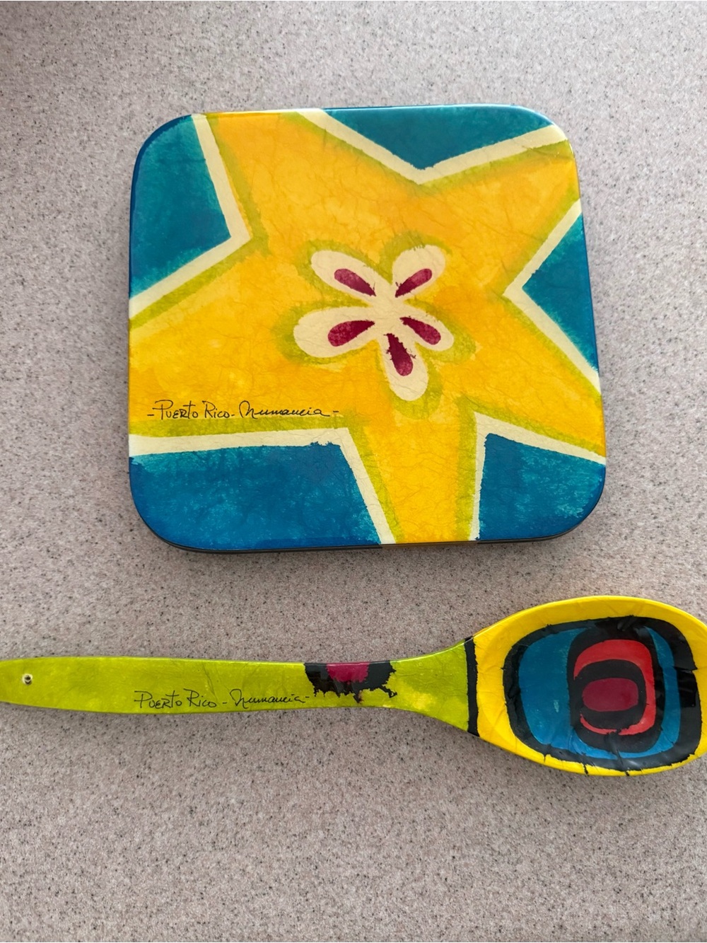 Purto Rico Yellow & Teal Star Hand-Painted Trivet and Spoon Set